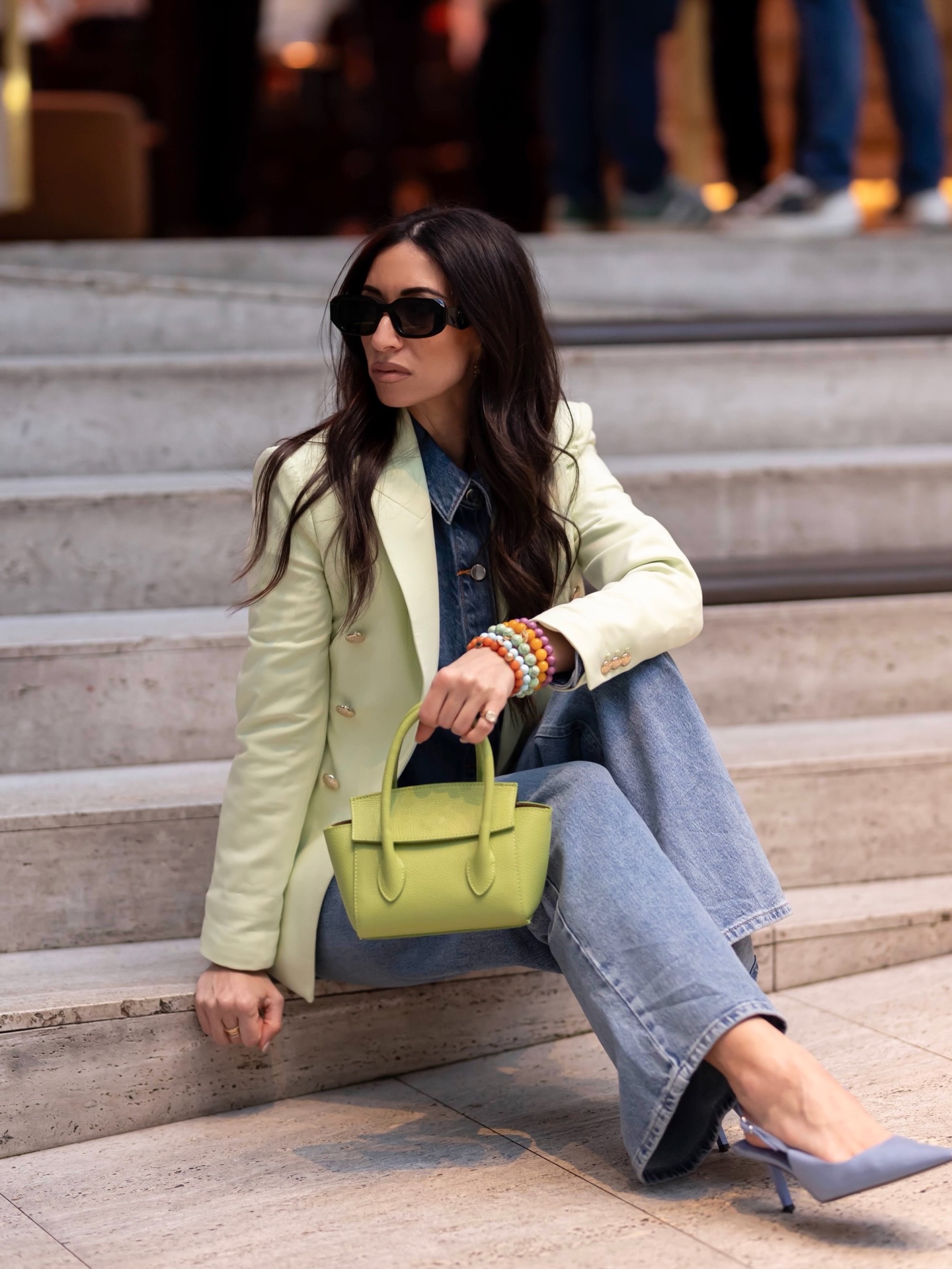 Oriana — lime green bag on steps